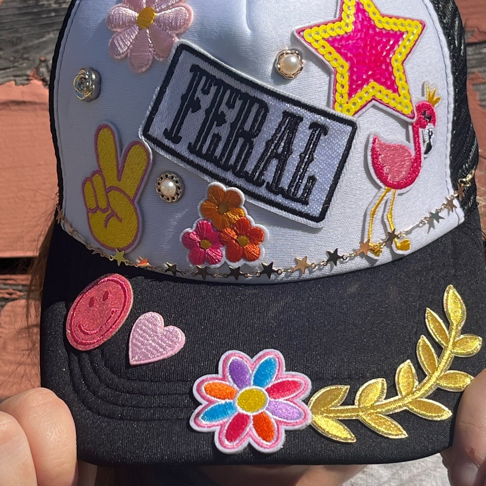 Women's Black and White Cap with Colorful Patches